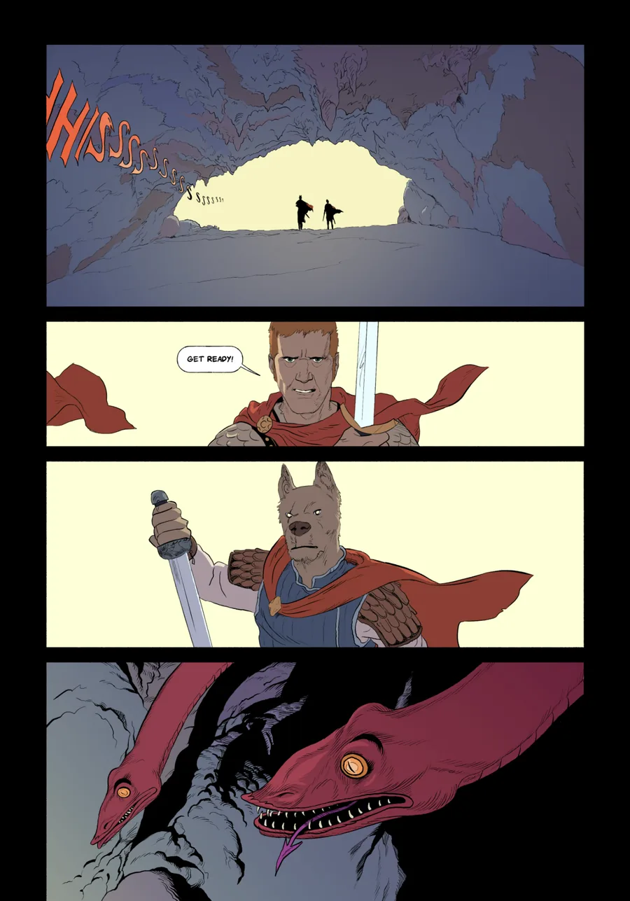 Comic page: two figures enter a cave, draw their swords and meet a two-headed dragon.