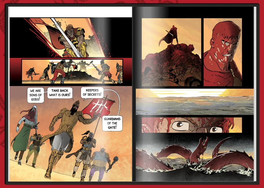 Interior spread: warriors charging beneath their banners as a sea serpent rises.