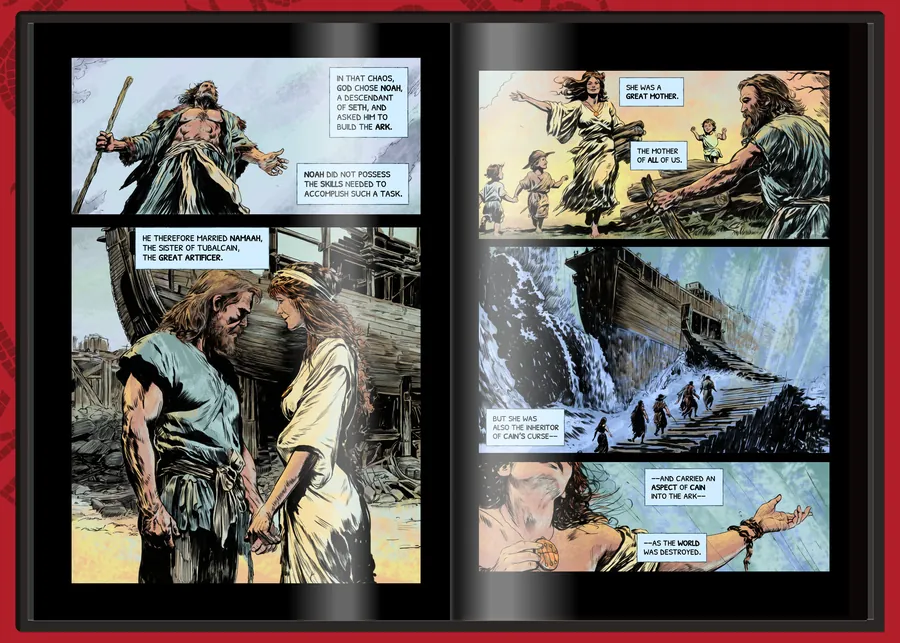 Interior spread: Noah is chosen, takes a wife and builds the ark as the flood comes.