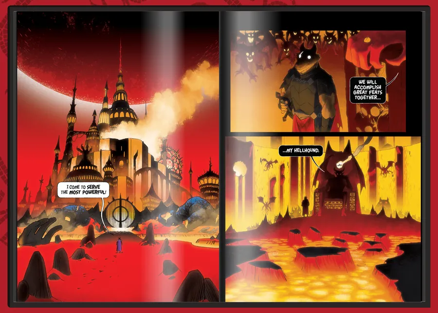 Interior spread: a burning city and the enthroned power that rules it.