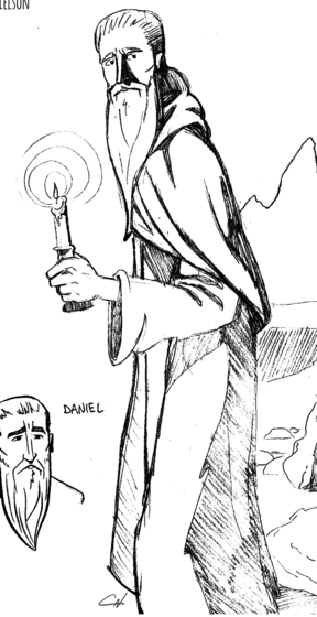 Drawing of Daniel holding a candle, with a stylite's pillar in the background.