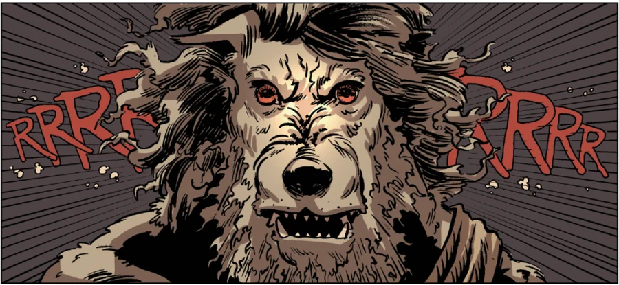Finished coloured comic panel of the dog-headed man snarling.
