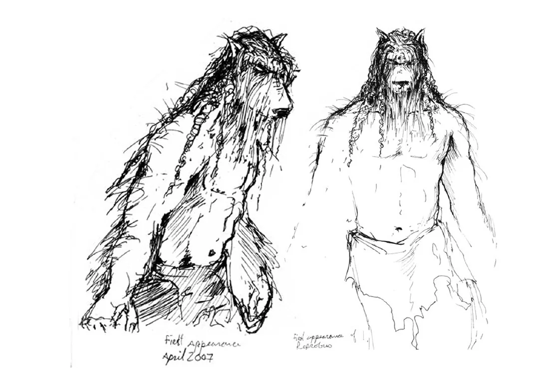 Loose scratchy ink sketches of a dog-headed figure, captioned first appearance April 2007.
