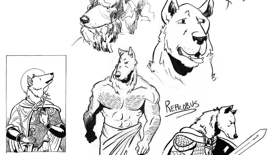 Cleaner character studies of Reprobus: head sheets, a full figure and an armoured portrait.
