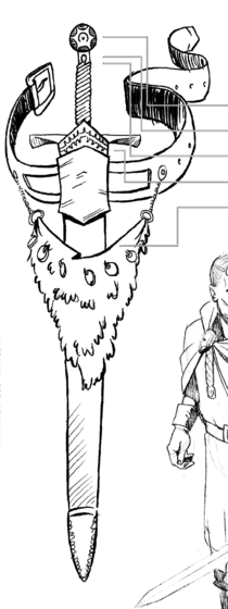 Design drawing of George's sword and scabbard, annotated with sun, tree, serpent, thorns and death.